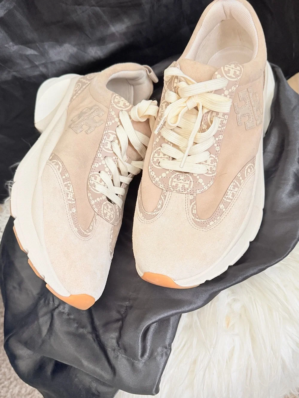 Tory Burch Blush Good Luck Trainer Suede Platform Sneakers with Logo Trim